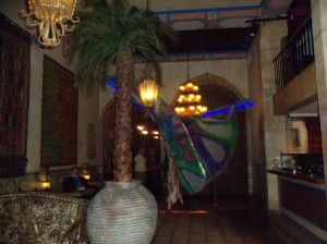 A performer on stilts beckons guests into the Moroccan-influenced lobby of the Figueroa Hotel. Copyright 2012 Donna Schwartz Mills